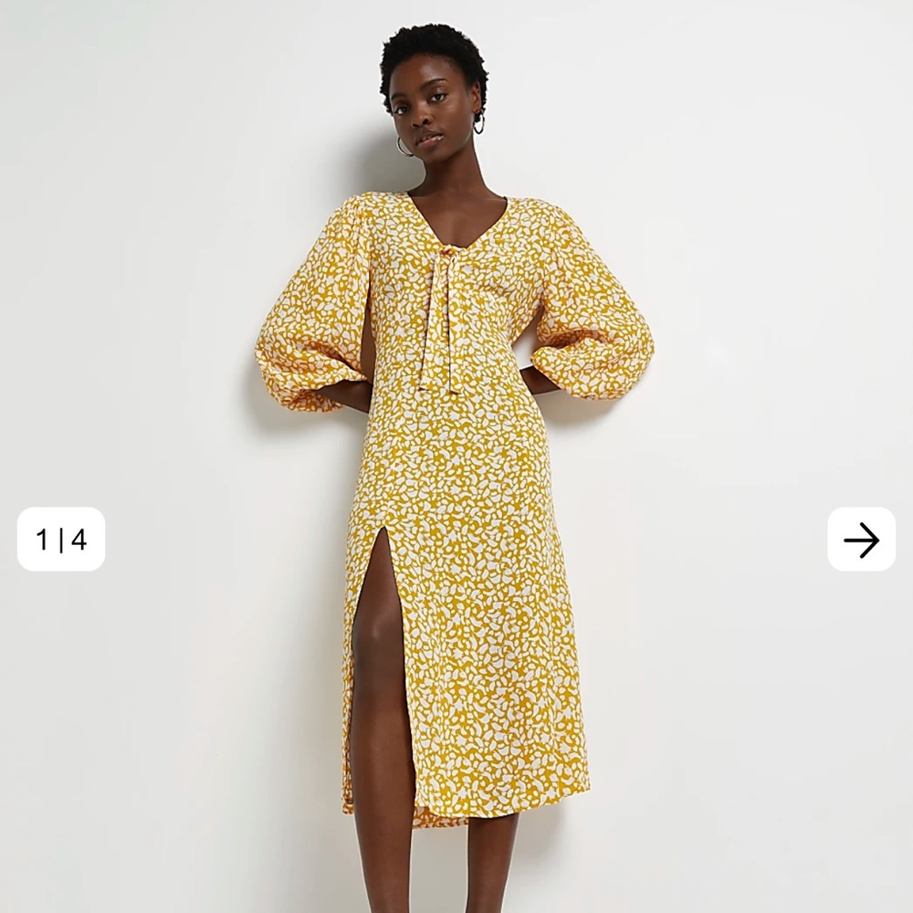 RIVER ISLAND YELLOW PRINTED TIE FRONT MIDI DRESS